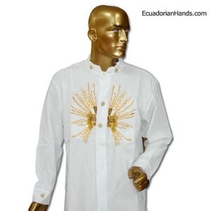 Men's White and Gold Embroidered Shirt Jacket